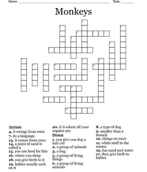 Crossword clue monkey - The Crossword Solver found 30 answers to "of a monkey or ape (6", 6 letters crossword clue. The Crossword Solver finds answers to classic crosswords and cryptic crossword puzzles. Enter the length or pattern for better results. Click the answer to find similar crossword clues . Enter a Crossword Clue. 